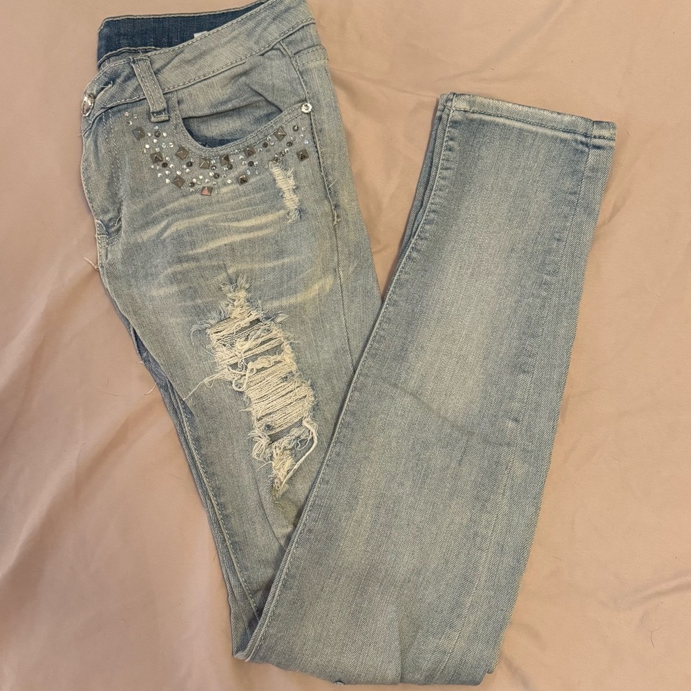 Machine Light Blue Skinny Jeans with Distressed Details & Gemstones